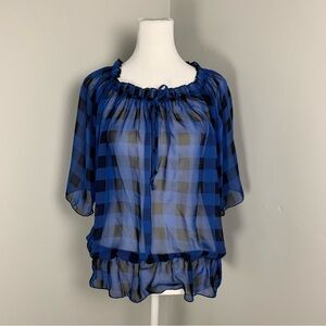 Simply Irresistible Blue Plaid Sheer Peasant Shirt Size Large Off the Shoulder